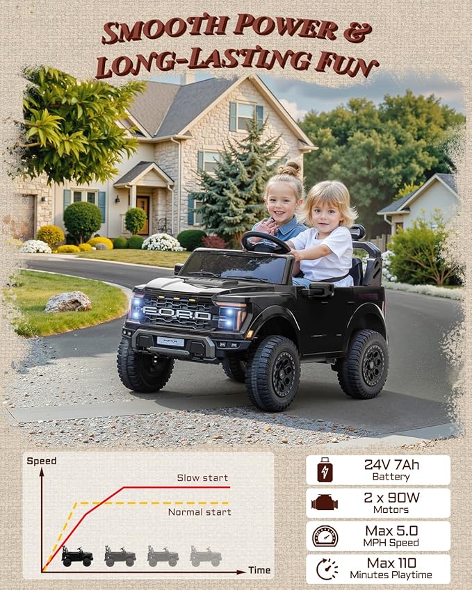 24V Ride on Toys for Big Kids, Licensed Ford F-150 Raptor 2 Seater Kids Ride on Car w/Remote Control, Toddler Electric Car w/LED Lights, Bluetooth, Truck Bed Storage, Soft Start (Black)