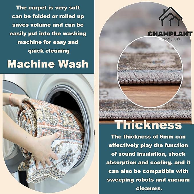 Area Rug 6'x9' Black-Purple Khaki Washable Vintage Traditional Floor Cover Thin Retro Kitchen Indoor Distressed Non Slip Carpet for Living Room Bedroom Dining Room