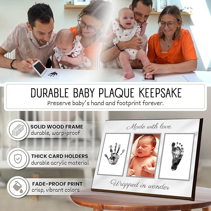 Baby Hand and Footprint Kit with Photo & Birth Details, Inkless Hand and Footprint Kit, Newborn Keepsake Plaque, Baby Shower Gifts (STYLE 2 (Baby Shower) (Made With Love))