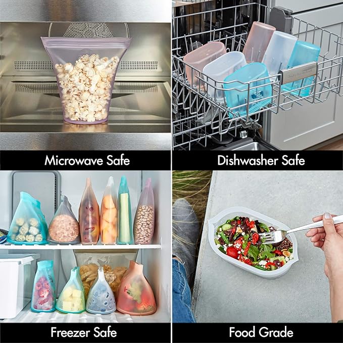 Zip Top Reusable Food Storage Bags | Medium Cup [Teal] | Silicone Meal Prep Container | Microwave, Dishwasher and Freezer Safe | Made in the USA