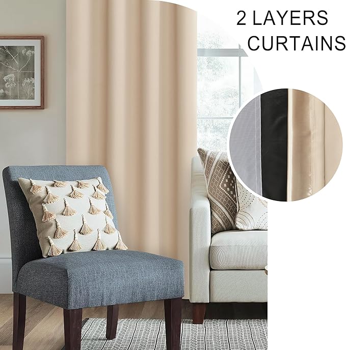 XWZO 100% Blackout Window Curtains with Tiebacks- Privacy Protection & Noise Blocking Window Draperies Rod Pocket with Black Liner for Bedroom/Living Room, Biscotti Beige, W42 x L72, Set of 2 Panels