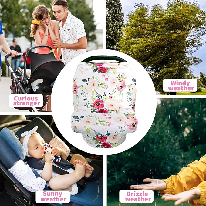 Rquite All-in-1 Car Seat Cover Baby, Carseat Covers for Girl Boy, Stretchy Soft Infant Car Seat Cover, Multi-use Baby Carrier Cover, Car Seat Canopy, Stroller Sun Shade, Nursing Breastfeeding Cover