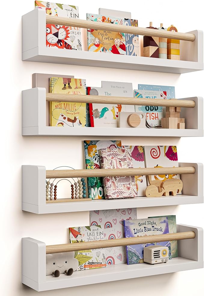 Nursery Book Shelves - 4 Pack, Wall Book Shelves for Bedroom Kids, Kids Wall Book Shelf, Book Shelf for Kid Rooms, Toddler, Baby, Play Room, Nursery Decor