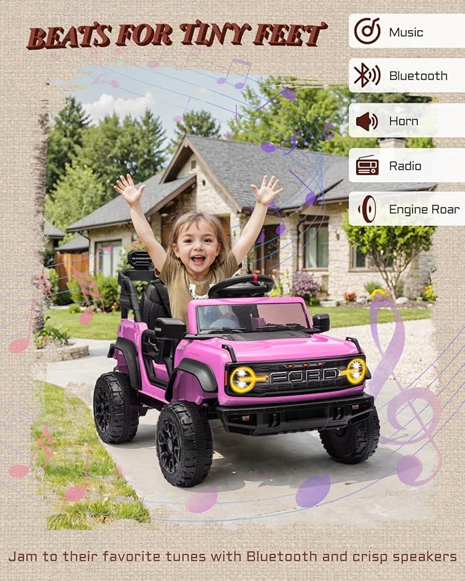 12V Electric Ride on Toys for Toddler, Ford Bronco Raptor Kids Ride on Car with Remote Control, 12 Volt Battery Powered Cars for Children with Smooth Start, Bluetooth (12V, Pink)