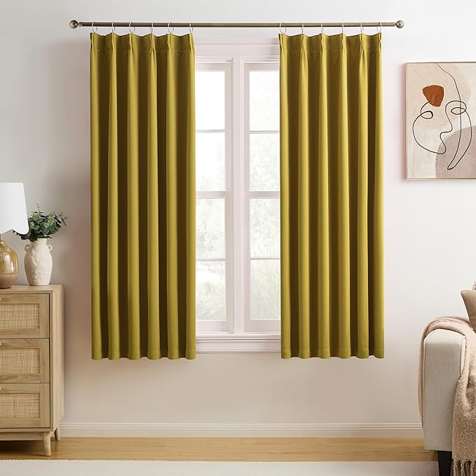 KEQIAOSUOCAI Yellow Pinch Pleated Curtains 45 Inch Length 2 Panels Set Noise Cancelling Window Drapes for Nursery Bedroom Living Room 40x45