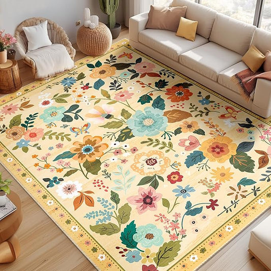 Floral 8x10 Area Rug Machine Washable Soft Print Boho Carpet Non Slip Doormat Low Pile Flower Area Rugs for Living Room Bedroom Nursery Kitchen Dining Room Indoor-Ivory/Yellow