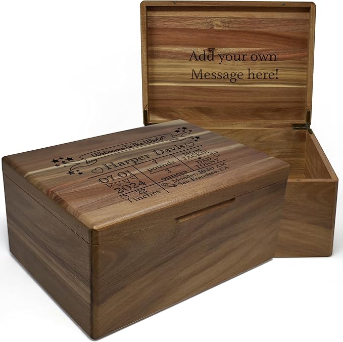 Baby Welcome Box - Personalized Gift for Baby Shower, Newborn Memory Box with Engraved Birth Statistics, Newborn Acacia Wood Large Chest, New Parents Gift Babies Keepsake, Boy & Girl, 11,5x8,5x5,5 in