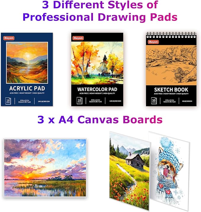 iBayam Deluxe Art Set, 195-Pack Artist Gift Box, Arts and Crafts Drawing Painting Kit Art Supplies for Adults Kids, Art Kits Paint Set with 24 Acrylic Paint, Sketchbook, Canvases, Crayons, Pencils