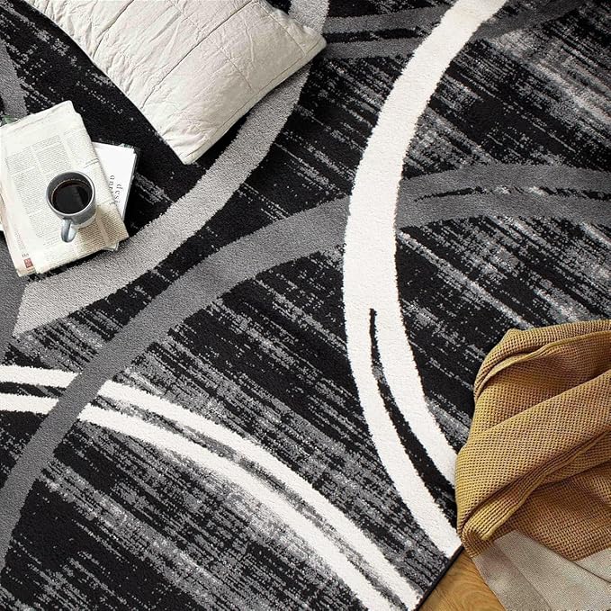 Rugshop Modern Wavy Circles Design Round Rug 6' 6" (6' 6" Diameter) Black
