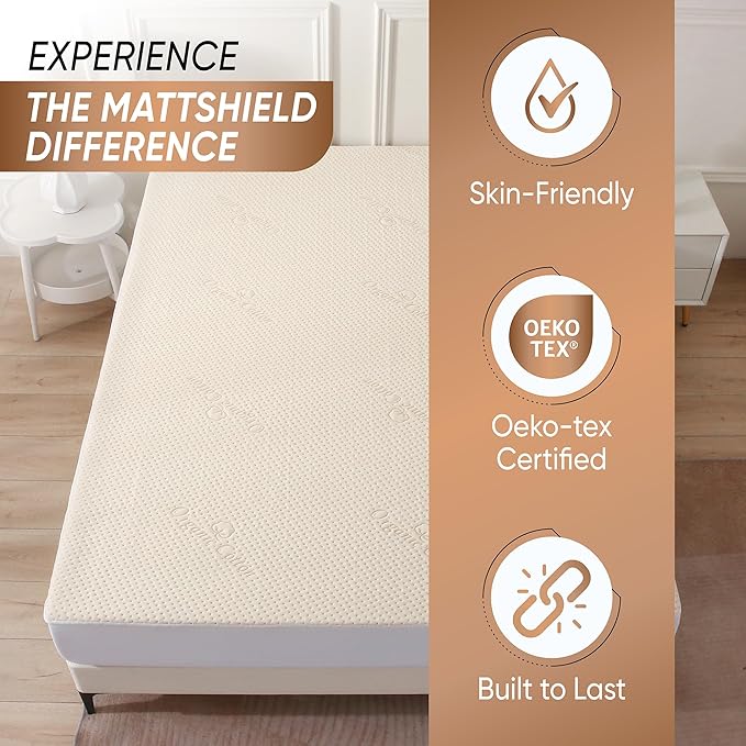 Luxury Waterproof Organic Mattress Protector Queen - Organic Cotton Breathable Mattress Pad Cover - New 380 GSM Comfort - Deep Pocket - Jersey Cotton Skirt - Fitted Comfort