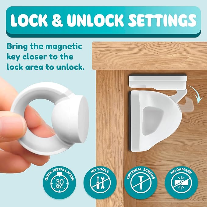 Booboo® Magnetic Child Safety Cupboard Locks for Children x4 Locks + x1 Key, Baby Proofing for Kitchen, Cabinets and Drawers, 30 Second Install No Drilling 3M Adhesive (4 Pack)