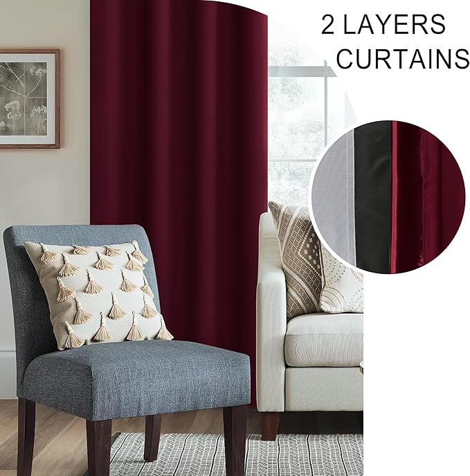 XWZO 100% Blackout Window Curtains - Rod Pocket Thermal Insulated & Completely Room Darkening Black Liner Window Treatment with Tiebacks for Bedroom/Living Room, Burgundy, W60 x L84, Set of 2 Panels