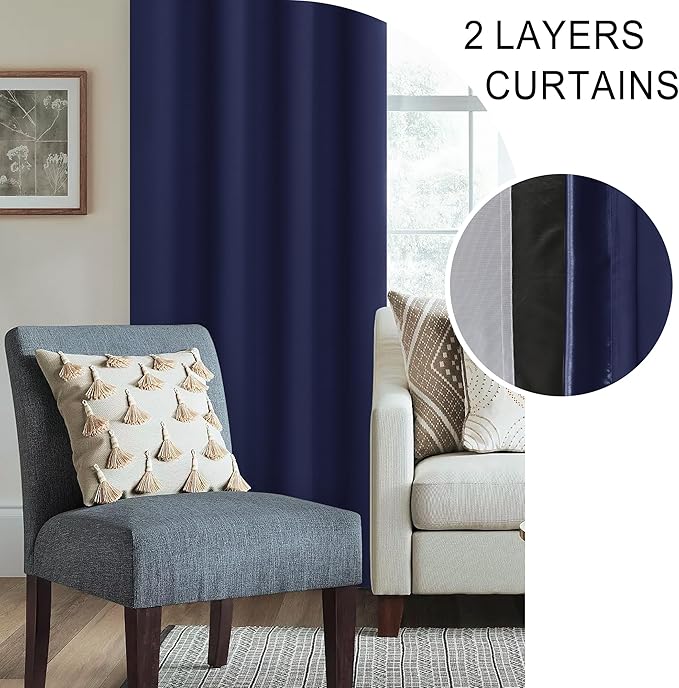 XWZO 100% Blackout Curtain Panels - Thermal Insulated Black Liner, Noise Reducing and Heat Blocking Rod Pocket Drapes for Hall and Studio Windows with Tiebacks, Navy Blue, W52 x L54, Set of 2