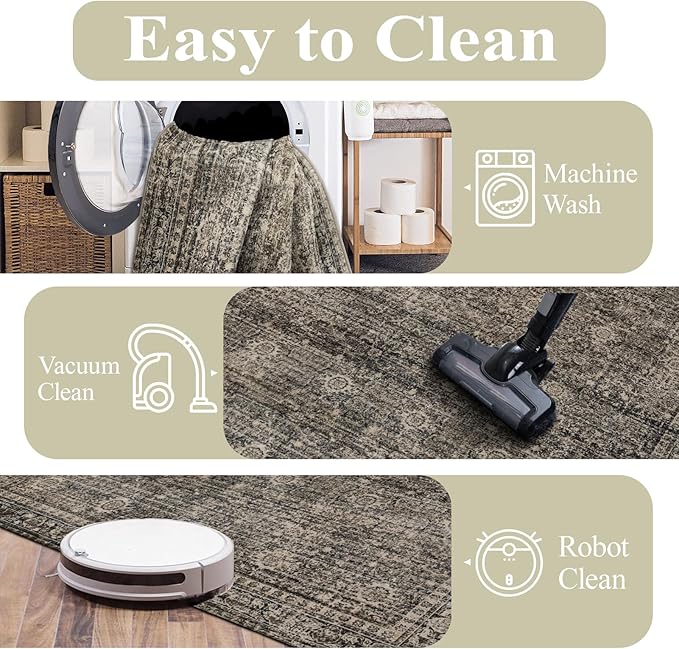 9x12 Area Rug Living Room Rugs, Stain Resistant Washable Rug, Vintage Large Non-Slip Backing, Low Pile Lightweight Print Rug for Bedroom Dinning Room Home Office (Brown)