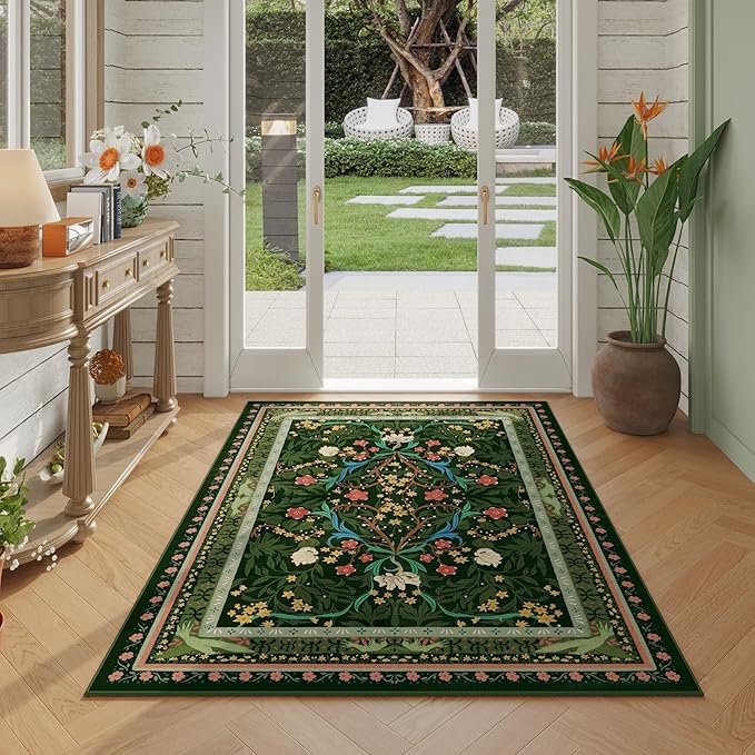 Bedroom Rug 3x5 Rug Washable Area Rug Non Slip Low Pile Vintage Floral Botanical Small Carpet for Bedroom, Bedside, Kitchen, Entryway, Kids Room, Office, Green