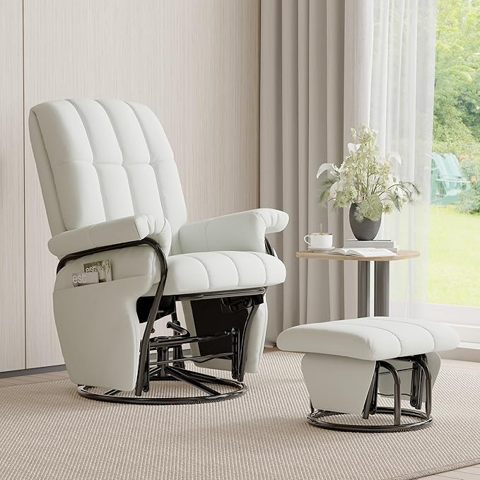 JIASTING 360° Swivel Leather Recliner Chair with Ottoman & Double Side Pockets, Nursing Glider Rocking Recliner Chair, Gliding Chairs for Nursery, Living Room, Office, Bedroom, Metal Frame (White)