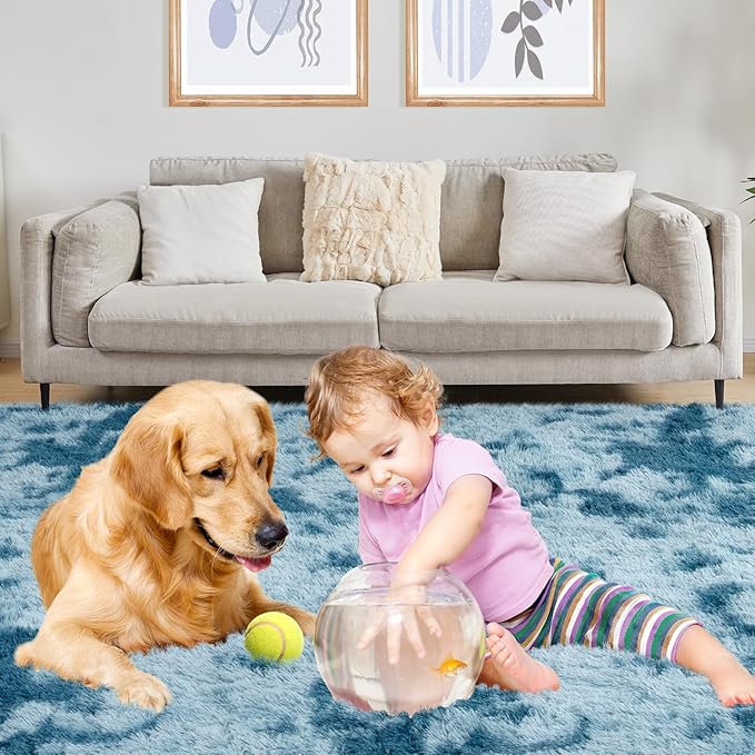 Luxury 3x5 Area Rug, Ultra Soft Rugs for Living Room, Plush Carpet Rugs for Bedroom, Non-Slip Indoor Rug for Nursery, Study Room, Playroom, Home Decor, Tie-Dyed Blue