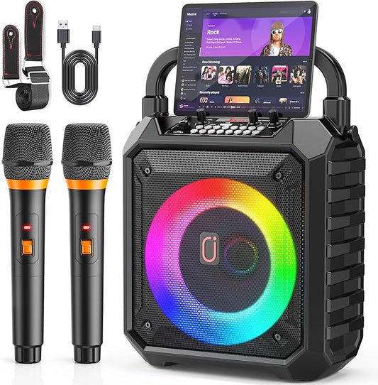 JYX Karaoke Machine with Two Wireless Microphones, Portable Speaker with LED Lights for Kids and Adults, Supports Bluetooth/USB/TF/AUX for Party