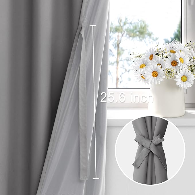 XWZO Blackout Curtains 84 Inches Long with Tiebacks- Rod Pocket Full Light Blocking & Energy Efficiency Extra Wide Window Draperies with Black Liner for Bedroom, Grey, W60 x L84, Set of 2