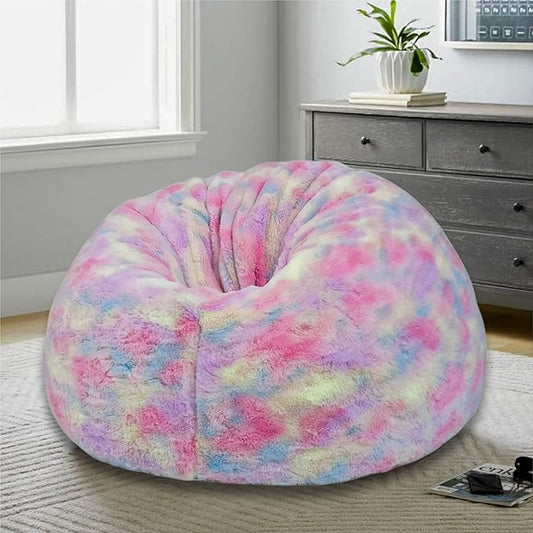 , New Tie Dye Rainbow Design Furry Bean Bag Chair. Premium And Luxurious Fur Bean Bag Without Bean Only Cover Jumbo, Multi