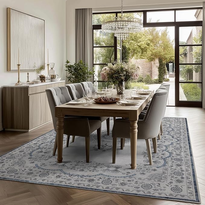 9x12 Area Rug Living Room Rugs, Stain Resistant Washable Rug, Vintage Large Non-Slip Backing, Low Pile Lightweight Print Rug for Bedroom Dinning Room Home Office (Grey/Blue)