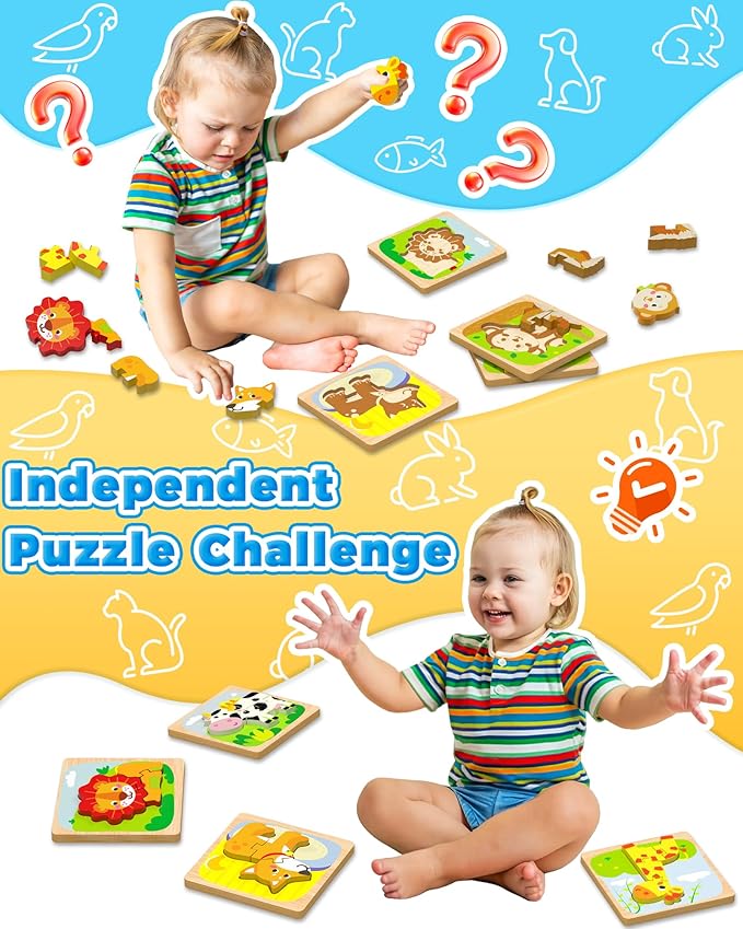 Benresive Wooden Toddler Puzzles, 12pcs Animal Montessori Toys for 1-3 Year Old Boys & Girls, Learning Educational Preschool Toys, Great Gifts for 1 2 3 Year Olds