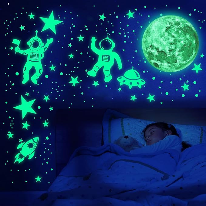 1017Pcs Glow in The Dark Stars for Ceiling Glow in The Dark Moon and Space Wall Decals Luminous Astronaut Universe Planet Galaxy Wall Stickers for Kids Boys Girls Bedroom Green