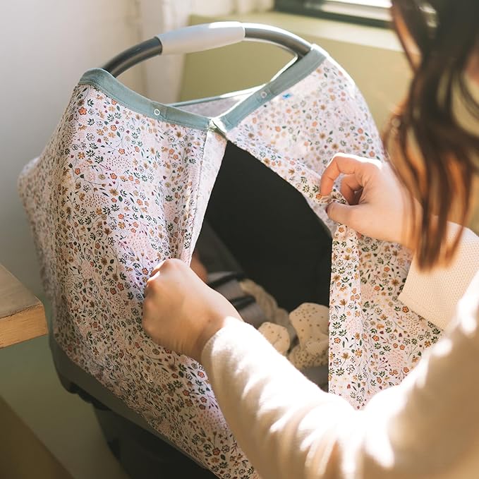 Little Unicorn Breathable Car Seat Canopy | Magnetic Closure Cover & Universal Fit | Protection & Privacy for Baby (Pressed Petals)
