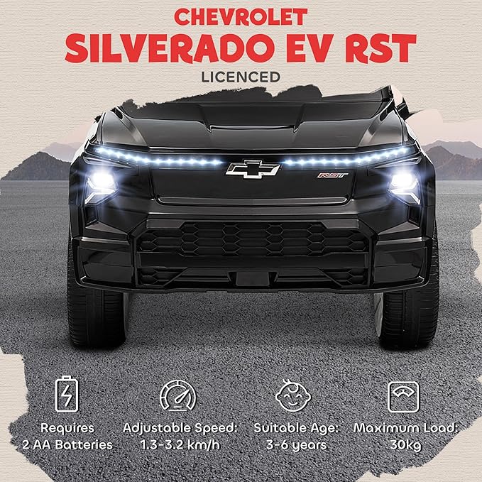 Qaba 12V Kids Ride on Truck, Chevrolet Silverado EV RST Licensed Electric Car with Parent Remote Control, Back Storage, Spring Suspension, Soft Start, Auxiliary Wheels, LED Lights, Music, MP3, Black