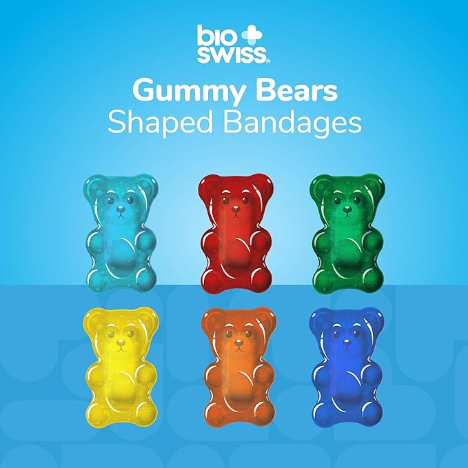 BioSwiss Bandages, Gummy Bear Shaped Self Adhesive Bandage, Latex Free Sterile Wound Care, Fun First Aid Kit Supplies for Kids, 50 Count