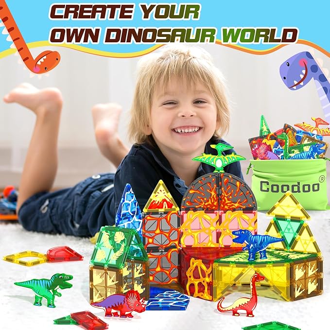 102PCS Dinosaur Toys Magnetic Tiles with 8 Dinosaurs - Jurassic Scenes Dinosaur World Adventure Set, Magnetic Blocks Kids Toys for Boys & Girls Ages 3+, Sensory Toddler Creative Kids Games Gifts