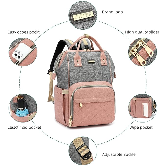 Diaper Bag Backpack, Diaper Bags for Baby Girls Boys, Baby Bags for Moms Dads, Nappy Changing Bag with Insulated Pockets,Multi-functional Waterproof Backpack with Stroller straps-Pink