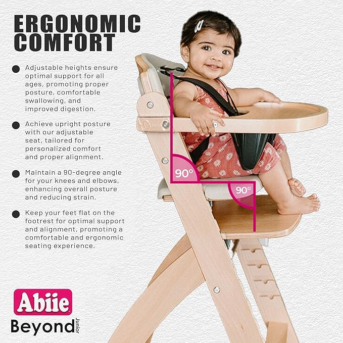 Abiie Beyond Junior Wooden High Chair with Tray - Adjustable and Convertible High Chair for Babies and Toddlers - 6 Months to 250 Lb - Water Resistant - Misty Grey Wood/Black Pearl Cushion