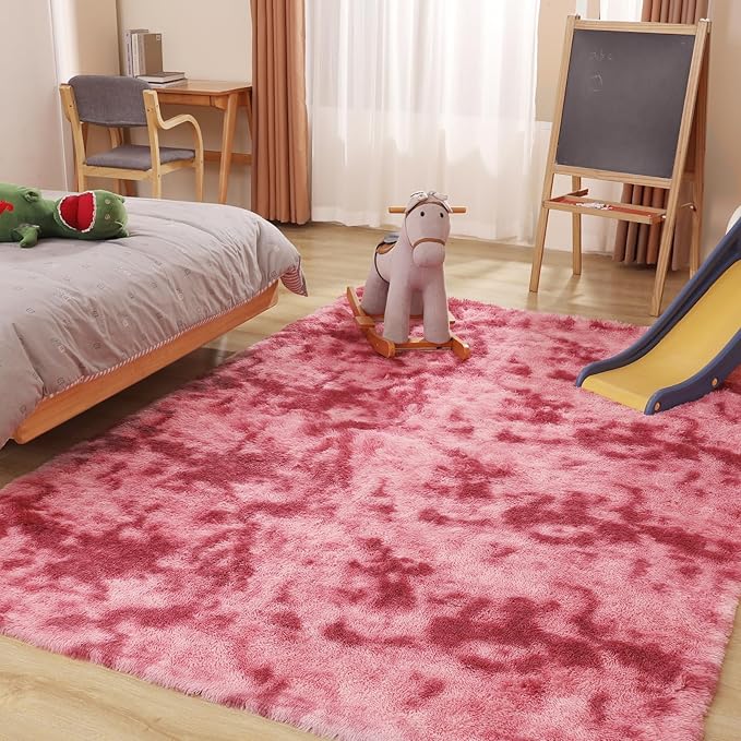 4x5.8 Area Rug, Fluffy Rugs for Living Room, Plush Carpet Rugs for Bedroom, Non-Slip Indoor Rug for Nursery, Study Room, Playroom, Home Decor, Tie-Dyed Dark Pink