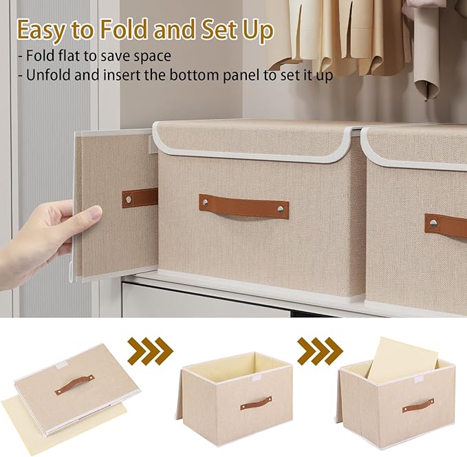 Yawinhe Collapsible Storage Boxes, Linen Fabric Baskets, Bin with lid and Leather Handle, Washable, for Home, Closet, Beige, 15.0''Lx9.8''Wx9.8''H, 1-Pack, USNK024BEL-1