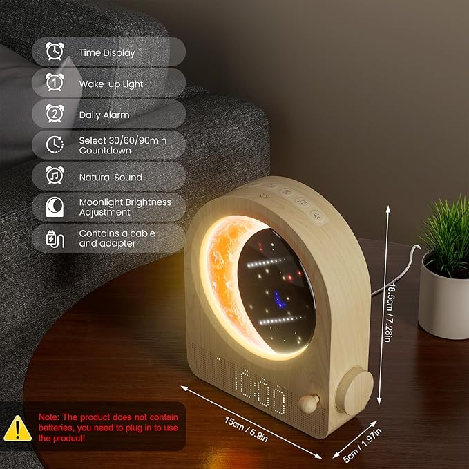 Sunrise Alarm Clocks for Bedrooms, Stepless Dimmable Moon Lamp Dual Alarm Clock Wake Up Light with 12Levels Volume for Heavy Sleepers, 10 Natural Sounds with 30/60/90min Timer Night Light