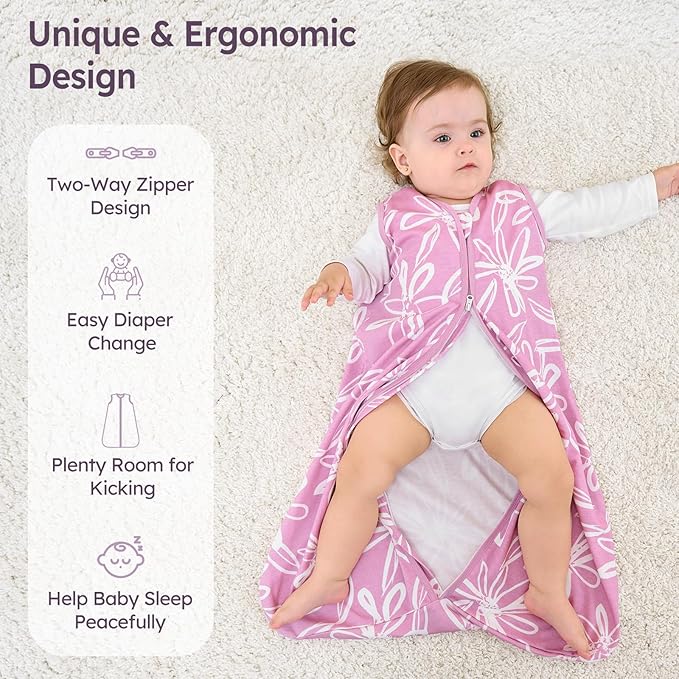 Baby Sleep Sack 18-24 Months 3 Pack 100% Cotton Lightweight 0.5 TOG Wearable Blanket Baby Sleep Bag with 2-Way Zipper for Newborn Infant Purple Leaf