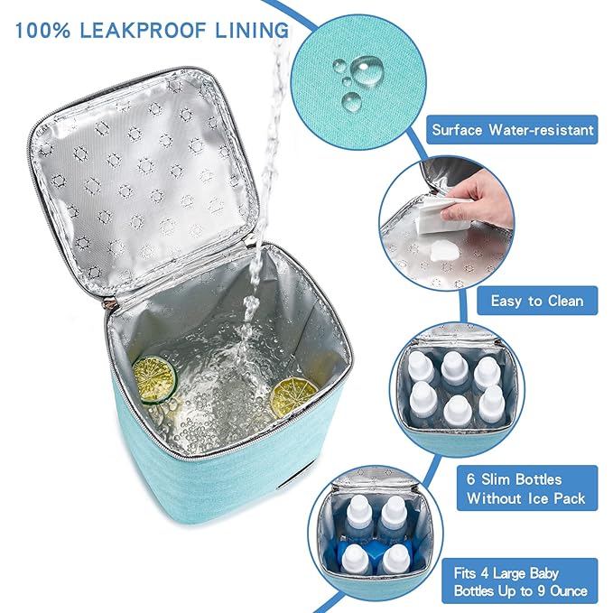 Breast Milk Cooler Bag with Ice Pack Fits 4 Baby Bottles Up to 9 Ounce, Baby Bottle Bag for Nursing Mom Daycare-Aqua