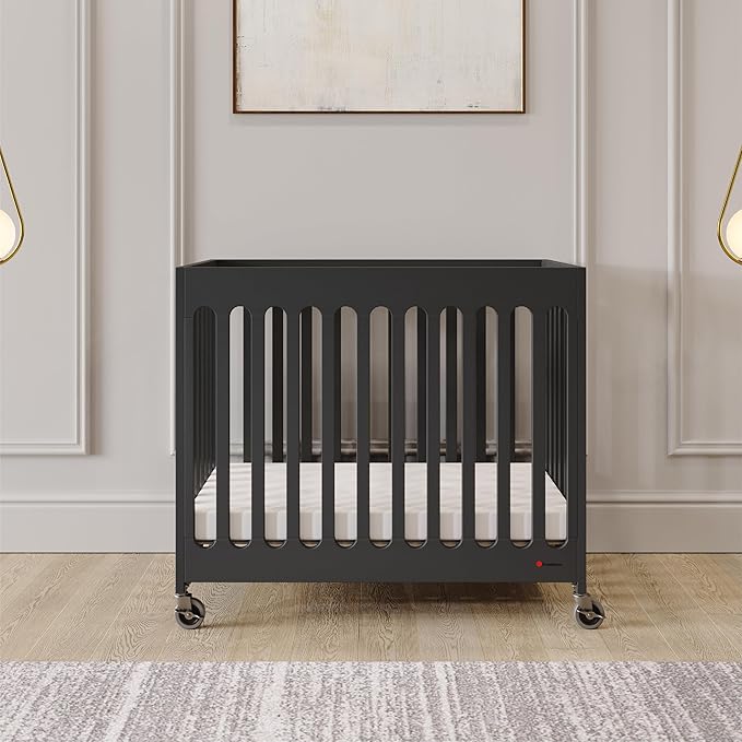 Foundations Boutique Folding Hotel Crib and Sheet Bundle - Includes Wooden Mini Crib with 3" Foam Mattress (Ebony) and 6-Pack White Fitted Compact Sheets