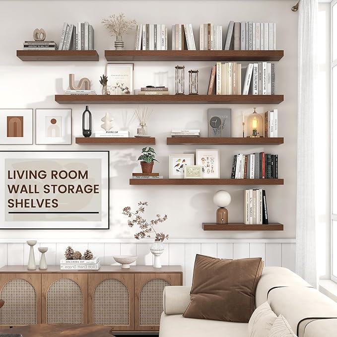 Floating Shelves - 2 Large Wall Mounted Shelves with Invisible Brackets, Long Walnut Wood Floating Wall Shelf for Living Room, Bedroom, Kitchen (48" W x 9" D x 1.5" H)