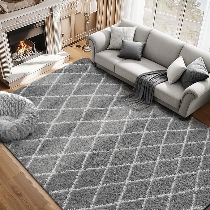 Fluffy Rug for Bedroom, Stripe Checkered Rug Anti-Skid High Pile for Living Room Bedroom Kids Room Nursery, Dorm Home Decor