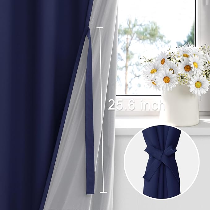 XWZO 100% Blackout Curtain Panels - Thermal Insulated Black Liner Rod Pocket Curtains, Noise Reducing Heat Blocking Drapes for Hall and Studio Windows with Tiebacks, Navy Blue, W42 x L45, Set of 2