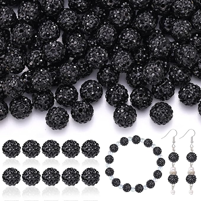 105pcs 10mm Rhinestone Beads for Jewelry Making, Black Shiny Round Disco Ball Beads Bulk, Sparkle Crystal Clay Christmas for Bracelet Baseball Necklace Earring Crafting and DIY