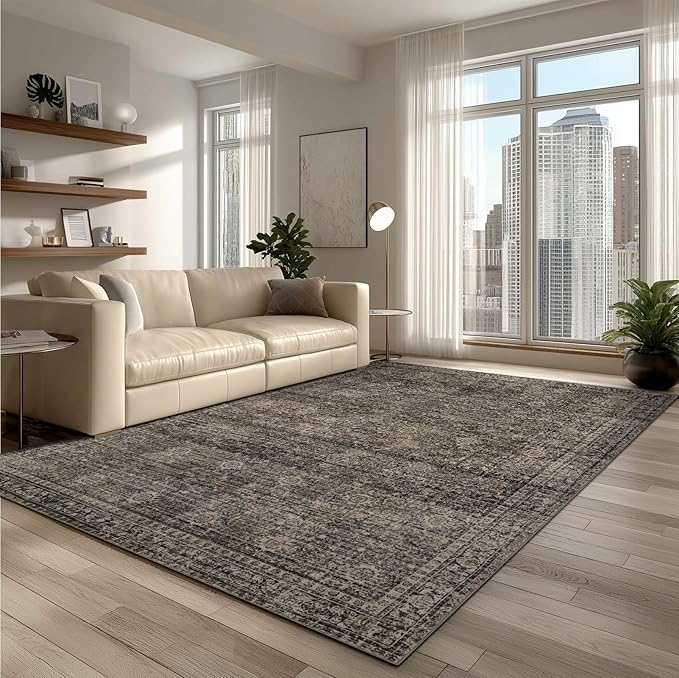 9x12 Area Rug Living Room Rugs, Stain Resistant Washable Rug, Vintage Large Non-Slip Backing, Low Pile Lightweight Print Rug for Bedroom Dinning Room Home Office (Brown)