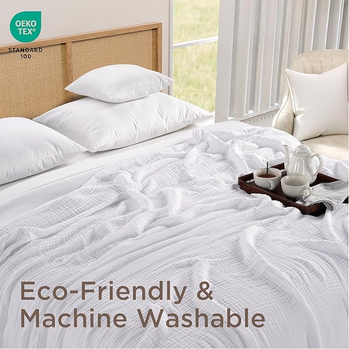 Threadmill Summer Muslin King Size Blanket | 4 Layer 100% Cotton Gauze Blanket | Lightweight, Soft, and Breathable Muslin Blanket for All Seasons | White