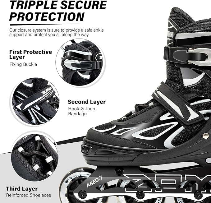 2PM SPORTS Vinal Girls Adjustable Flashing Inline Skates, All Wheels Light Up, Fun Illuminating Skates for Kids Men Adult Women and Boys