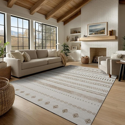 9x12 Area Rug Living Room Rugs, Boho Stain Resistant Washable Rug, Vintage Large Non-Slip Backing, Low Pile Lightweight Print Rug for Bedroom Dinning Room Home Office (Beige)