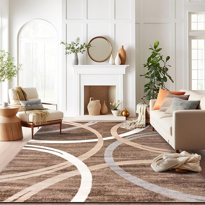 Rugshop Modern Wavy Circles Design Area Rug 10' x 14' Brown