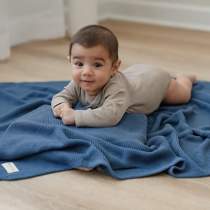 Heritage Knit Organic Cotton Receiving Swaddle Blanket for Boys - 100% Organic Soft Luxury Cotton Warm Cuddle Swaddling Crib Blanket for Newborns Infants Toddler (0-2Yrs - Denim Blue)