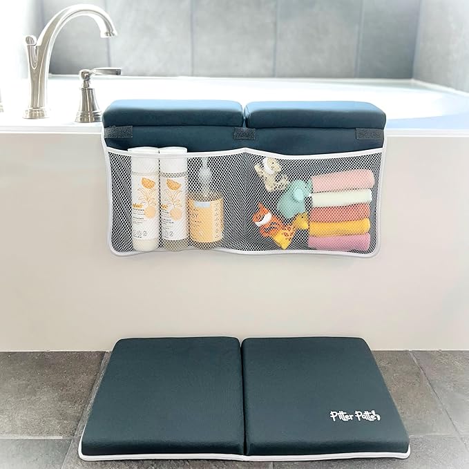Baby Bath Kneeler and Elbow Rest Pad Set Made of Neoprene & Foam - Non Slip Cushioned Bath Kneeling Pad for Bathing Baby with XL Compartments for Bath Toy Storage for Tub